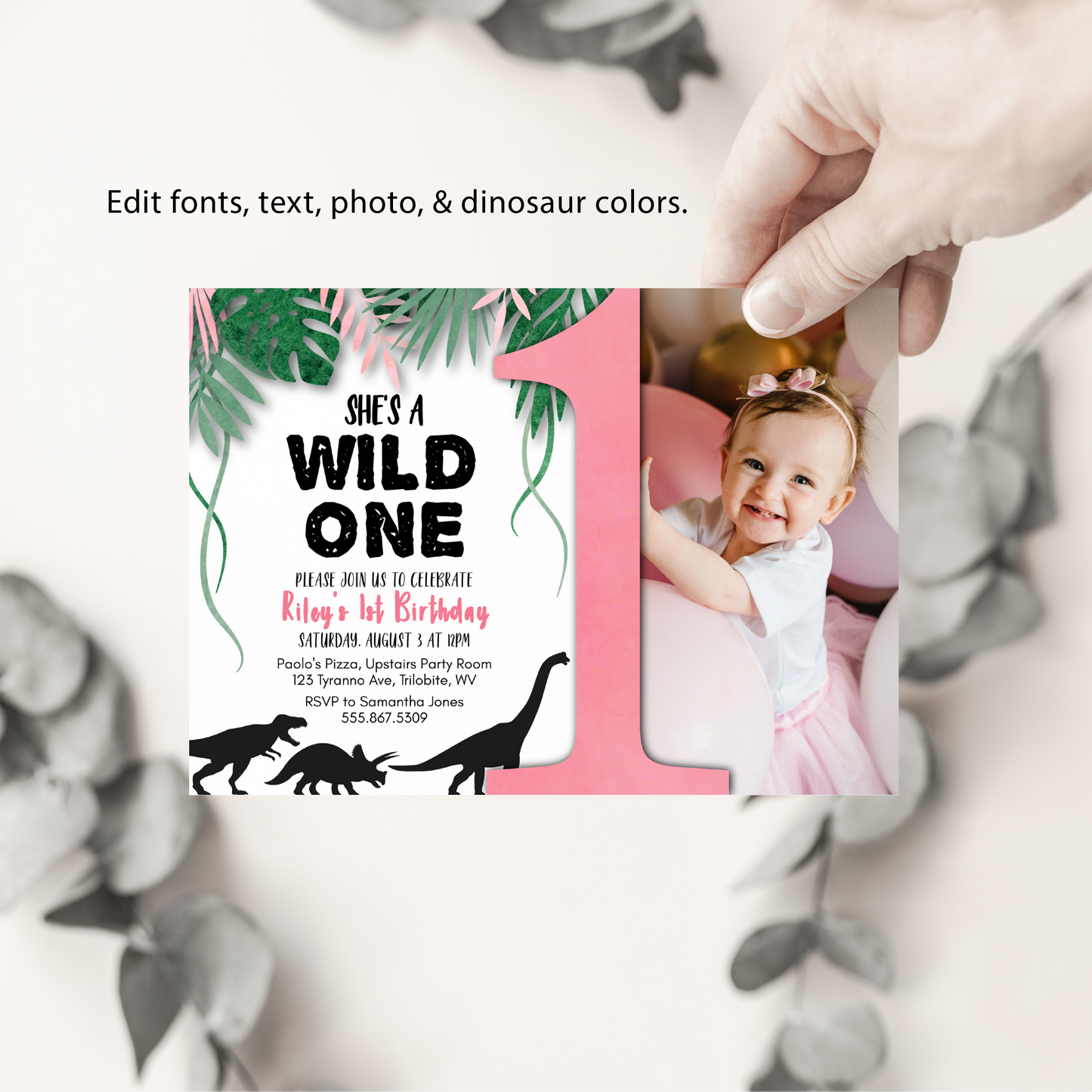 WILD ONE | 1st Birthday Invitation Template, Dinosaur Children Party, Editable, Printable, DIY Invitation