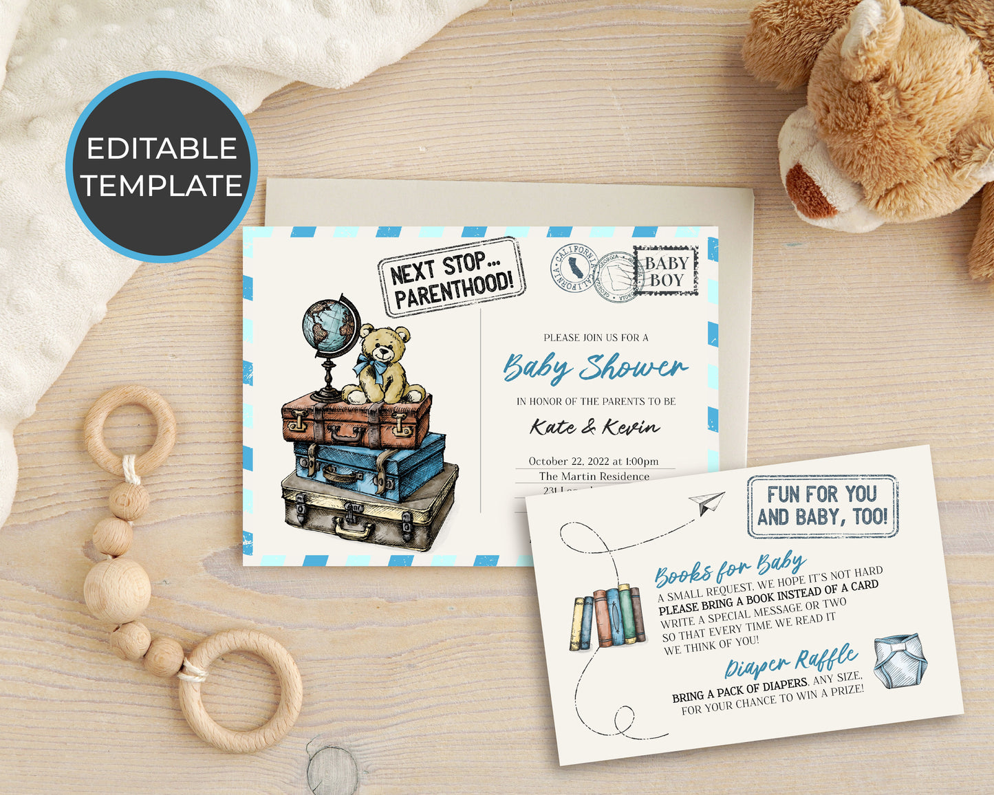 Baby Shower Invitation Set, Vintage Travel, Editable, Printable, DIY Invitation