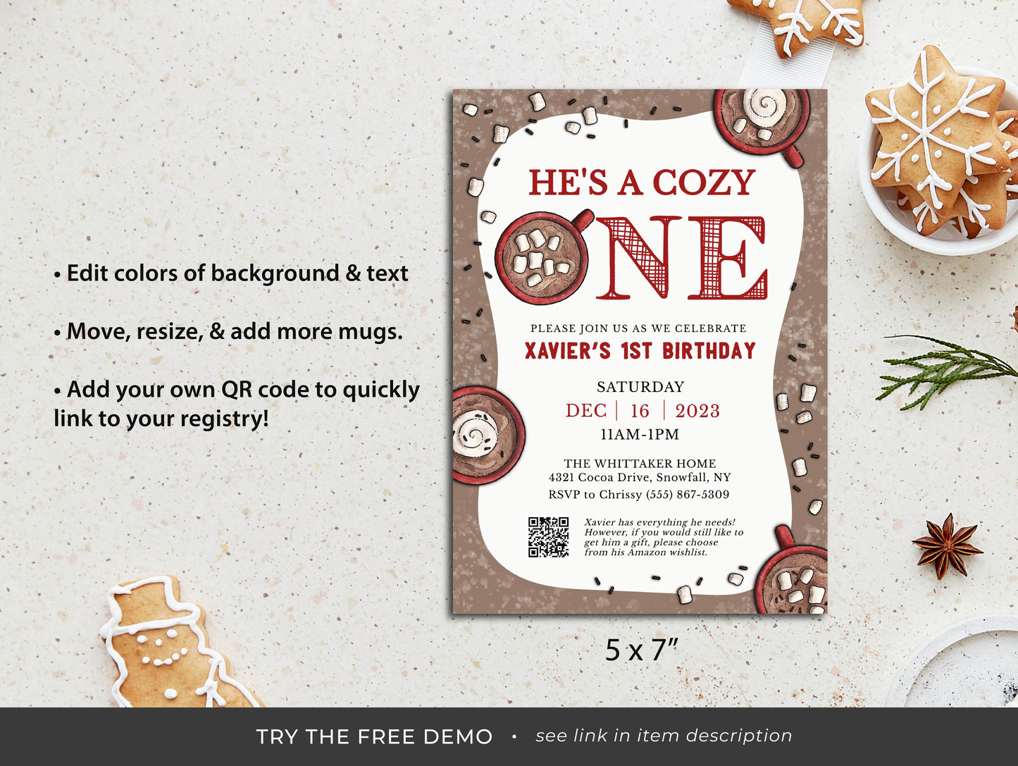 COZY ONE | Baby Shower Invitation Set, Hot Cocoa Chocolate, Editable, Printable, DIY Invitation