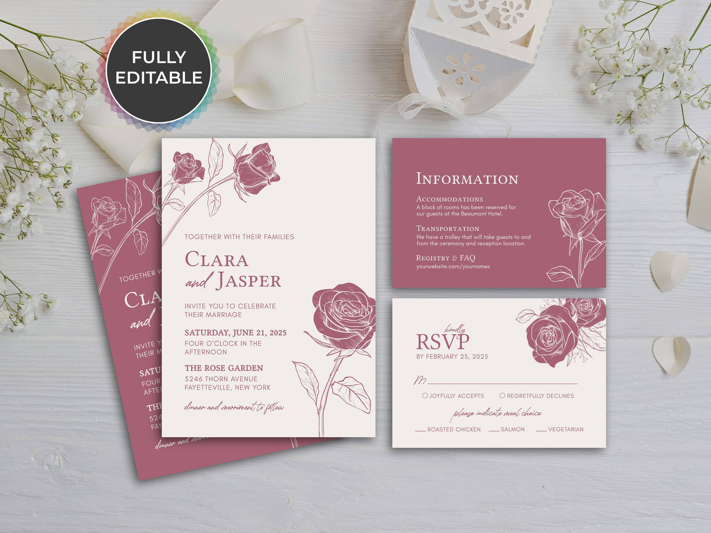 ROSE | Wedding Invitation Suite Template, Rose Modern, Editable, Printable, DIY Invitation