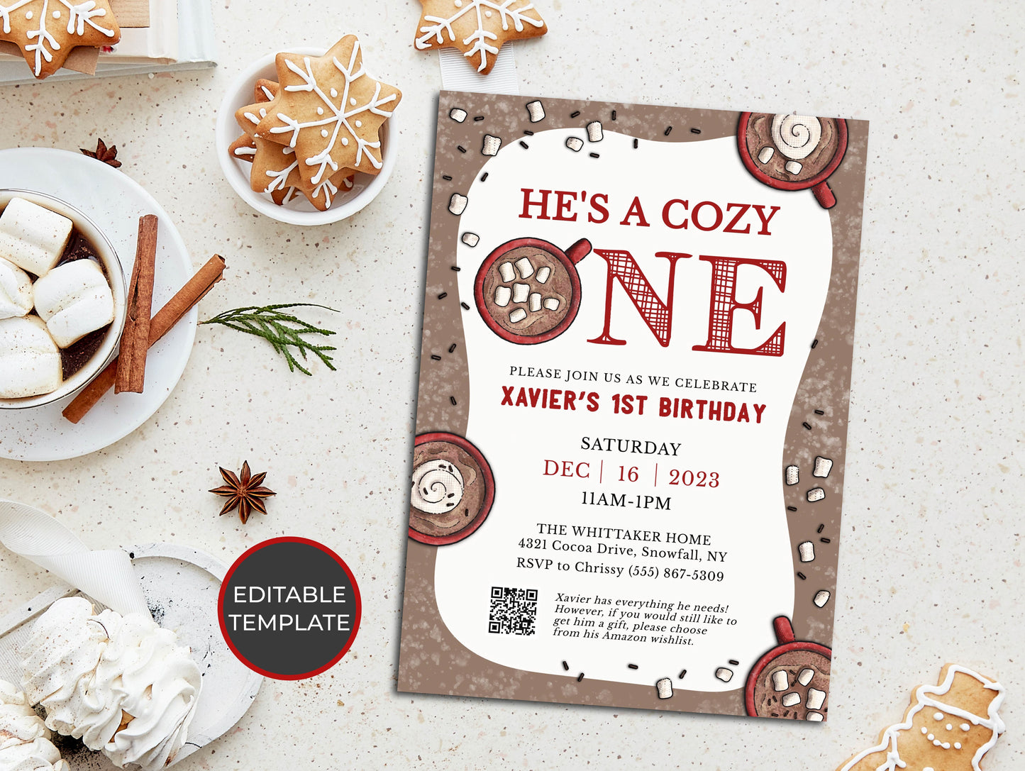 COZY ONE | Baby Shower Invitation Set, Hot Cocoa Chocolate, Editable, Printable, DIY Invitation