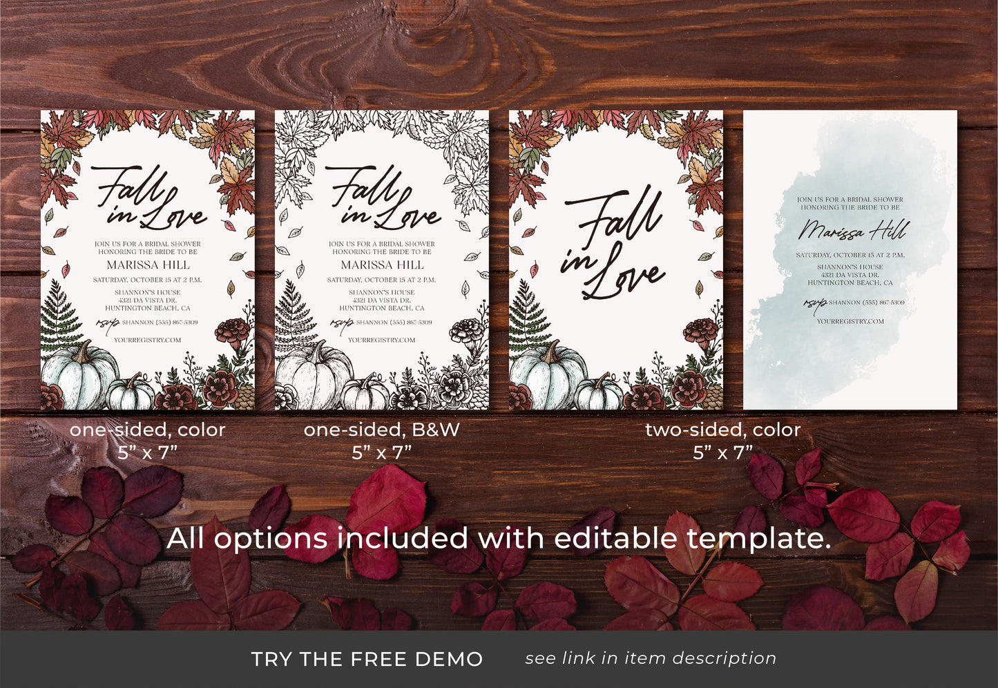 FALL IN LOVE | Bridal Shower Invitation Template, Autumn, Editable, Printable, DIY Invitation