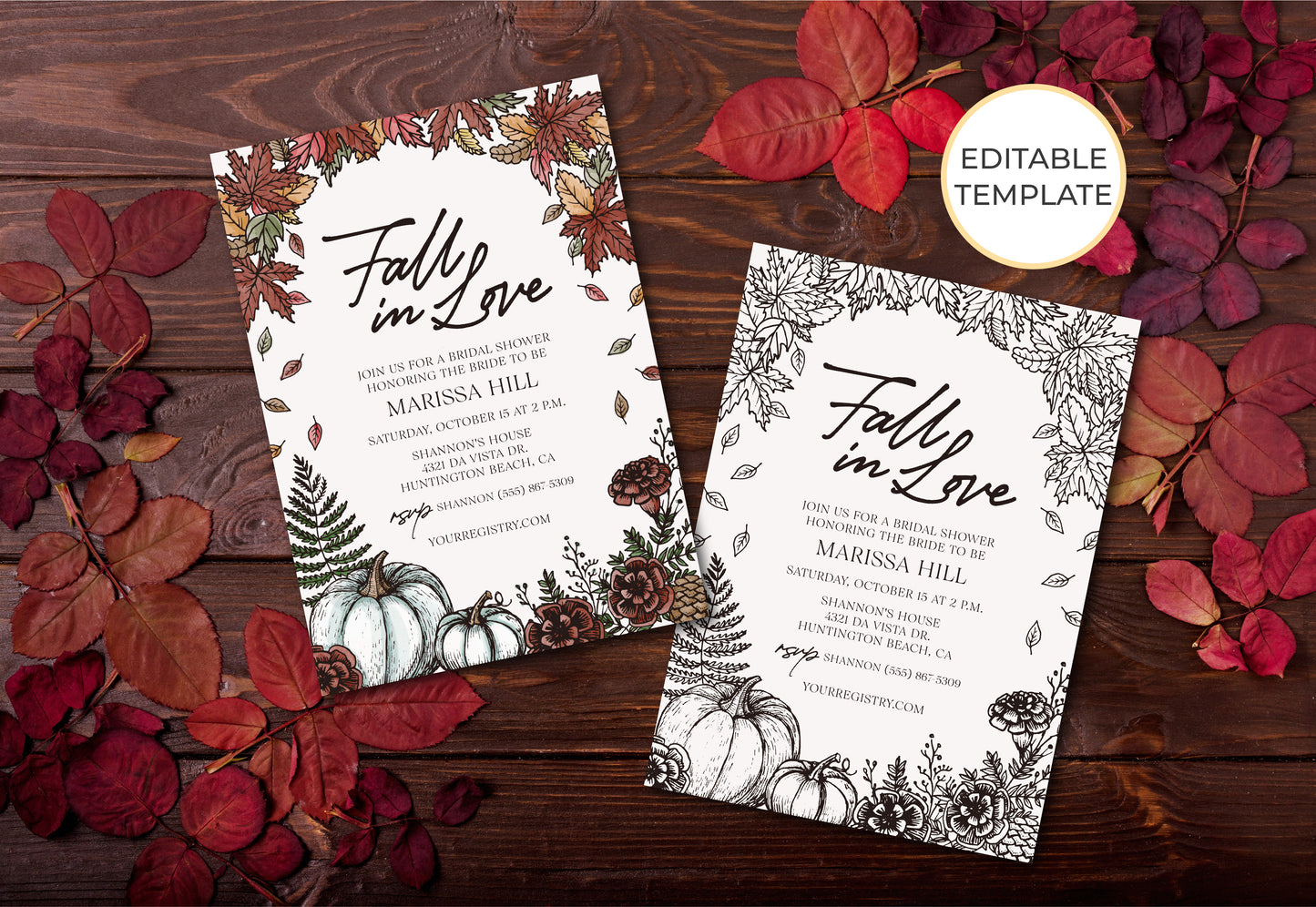 FALL IN LOVE | Bridal Shower Invitation Template, Autumn, Editable, Printable, DIY Invitation