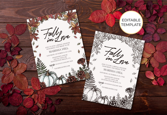 FALL IN LOVE | Bridal Shower Invitation Template, Autumn, Editable, Printable, DIY Invitation