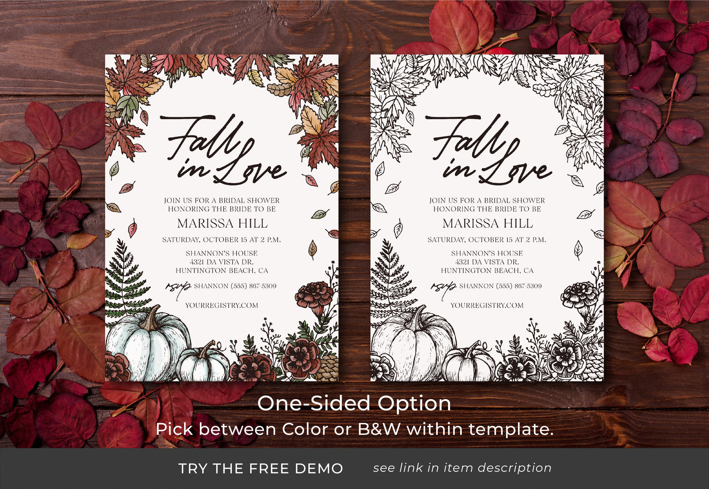 FALL IN LOVE | Bridal Shower Invitation Template, Autumn, Editable, Printable, DIY Invitation