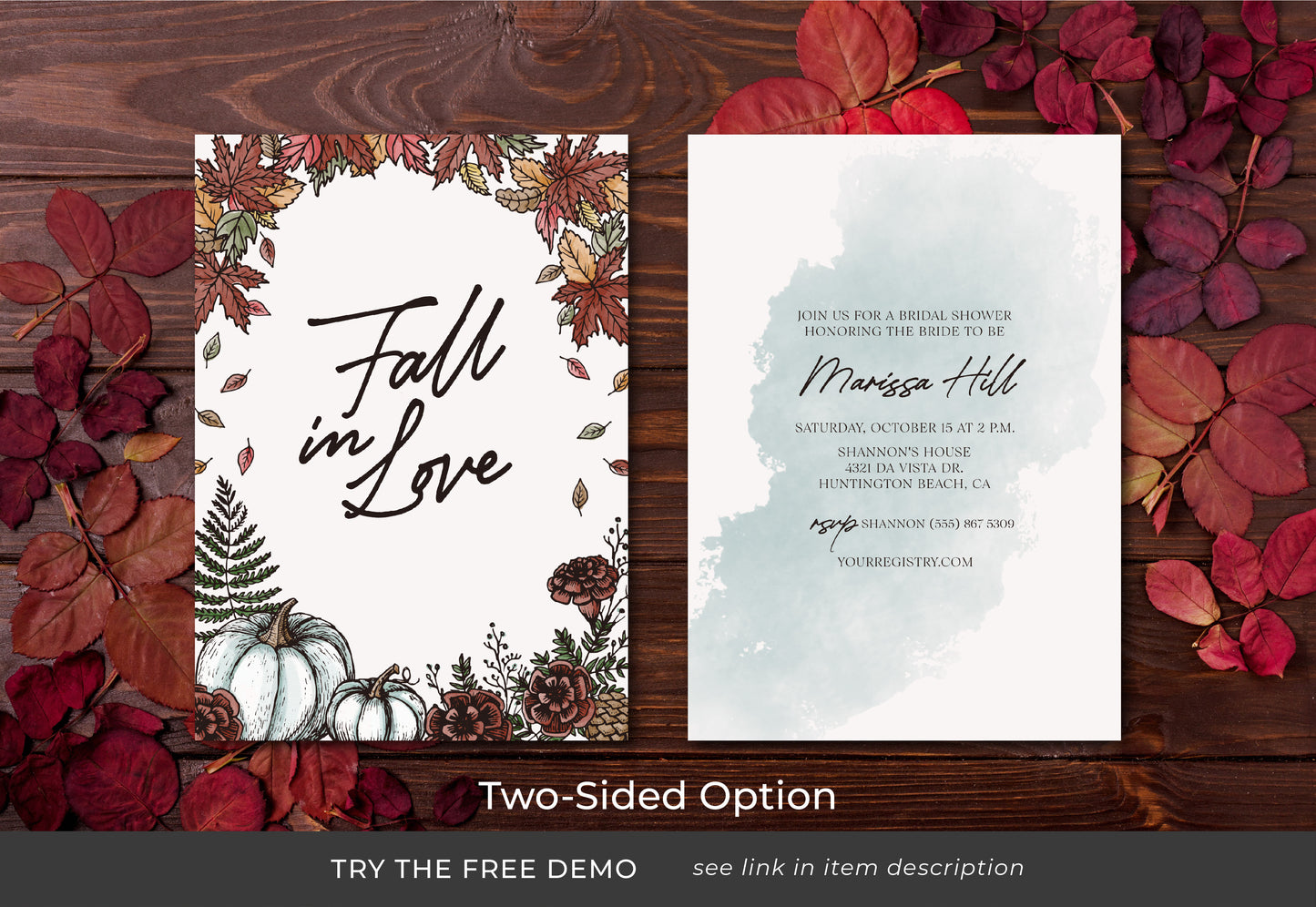 FALL IN LOVE | Bridal Shower Invitation Template, Autumn, Editable, Printable, DIY Invitation