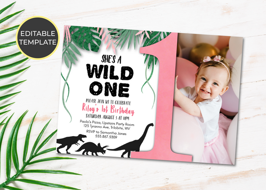 WILD ONE | 1st Birthday Invitation Template, Dinosaur Children Party, Editable, Printable, DIY Invitation