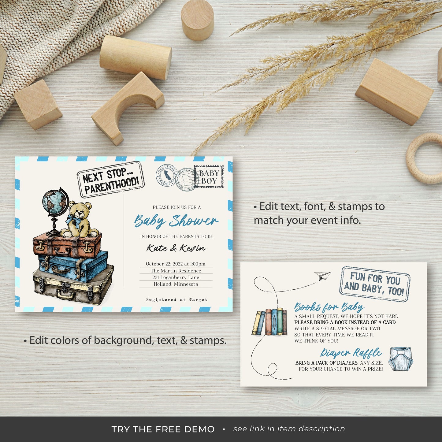 Baby Shower Invitation Set, Vintage Travel, Editable, Printable, DIY Invitation