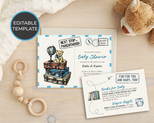 Baby Shower Invitation Set, Vintage Travel, Editable, Printable, DIY Invitation